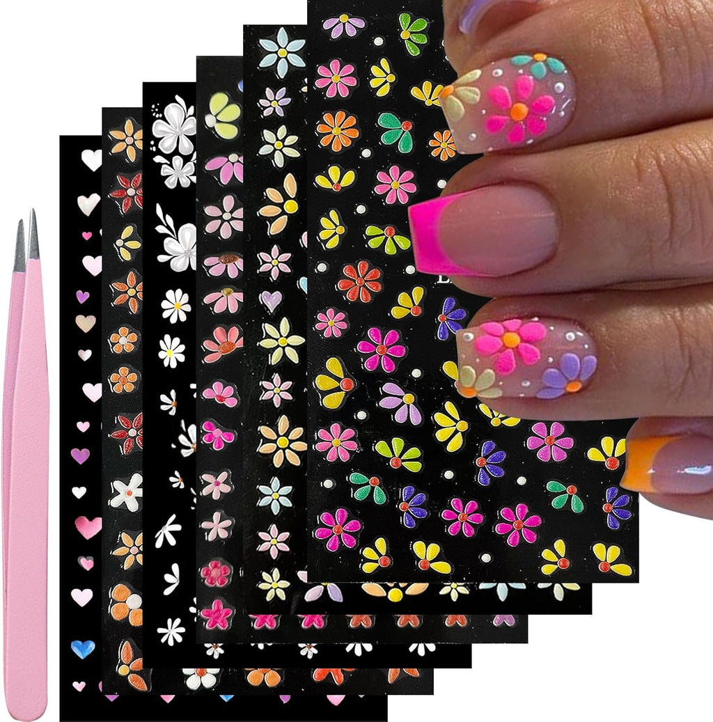 Yosommk VelvetGlow 5D embossed flower nail art stickers front view showing six sheets and tweezers
