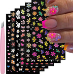 Yosommk VelvetGlow 5D embossed flower nail art stickers front view showing six sheets and tweezers