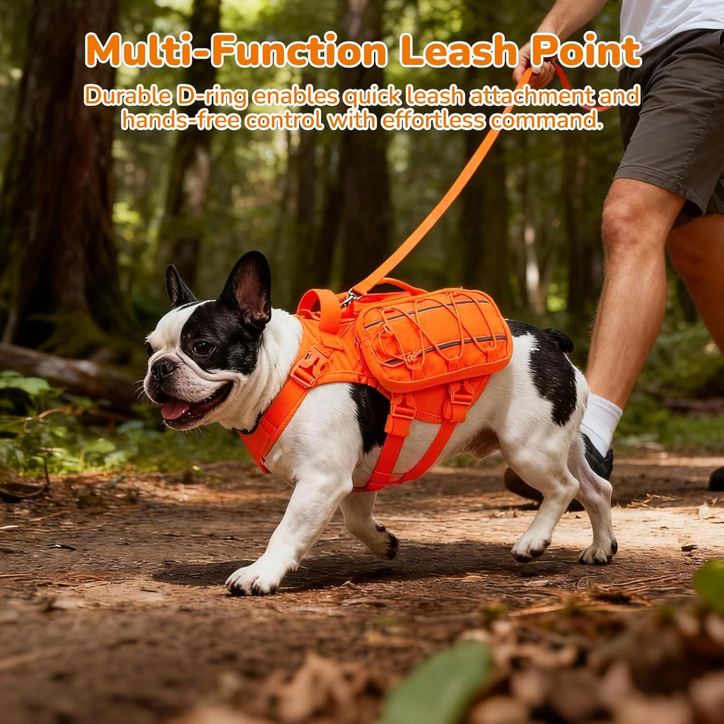 Side profile of AOKOWN orange dog hiking vest highlighting the reflective trim and tactical design.