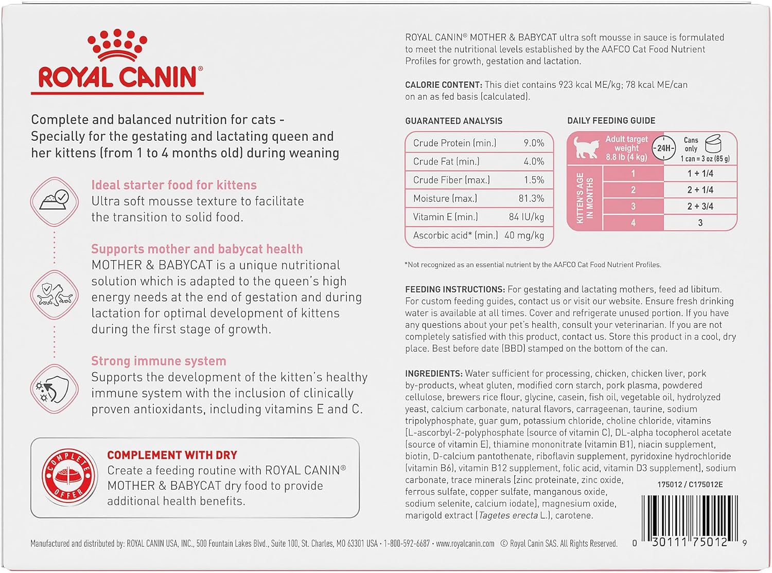 Royal Canin Mother and Babycat wet food cans packaging