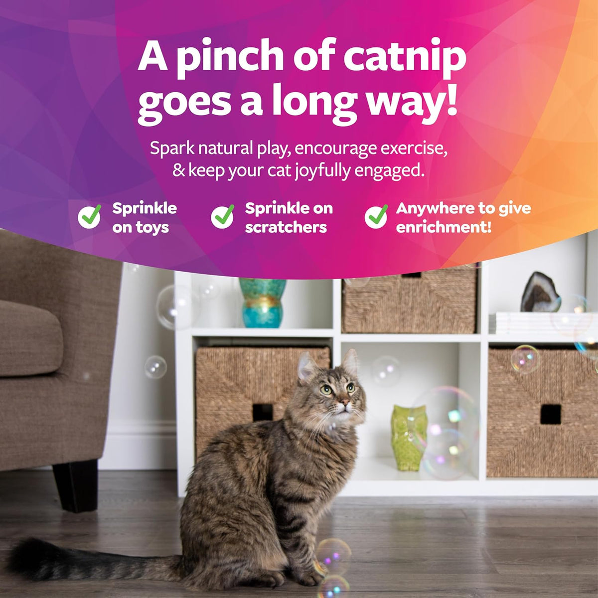 Side profile view of the SmartyKat catnip bubbles trial size bottle