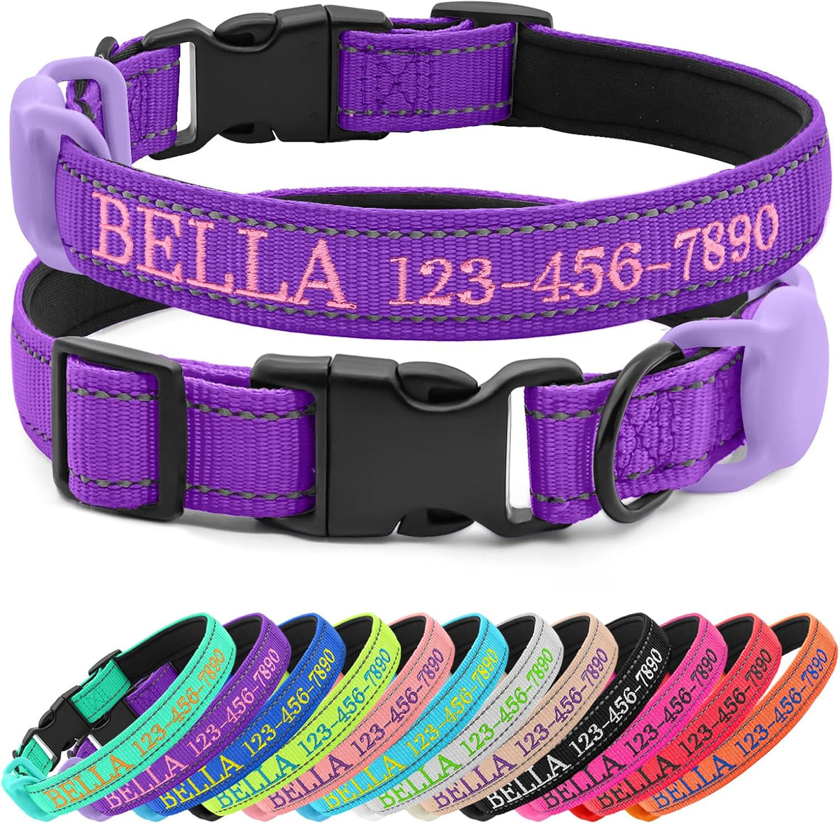 Personalized Dog Collar with Embroidered Name and Phone, Nylon Collar for Dog with Silicone Holder for AirTag, Neoprene Lining, Plastic Quick-Release Buckle (Pink) - Image 13