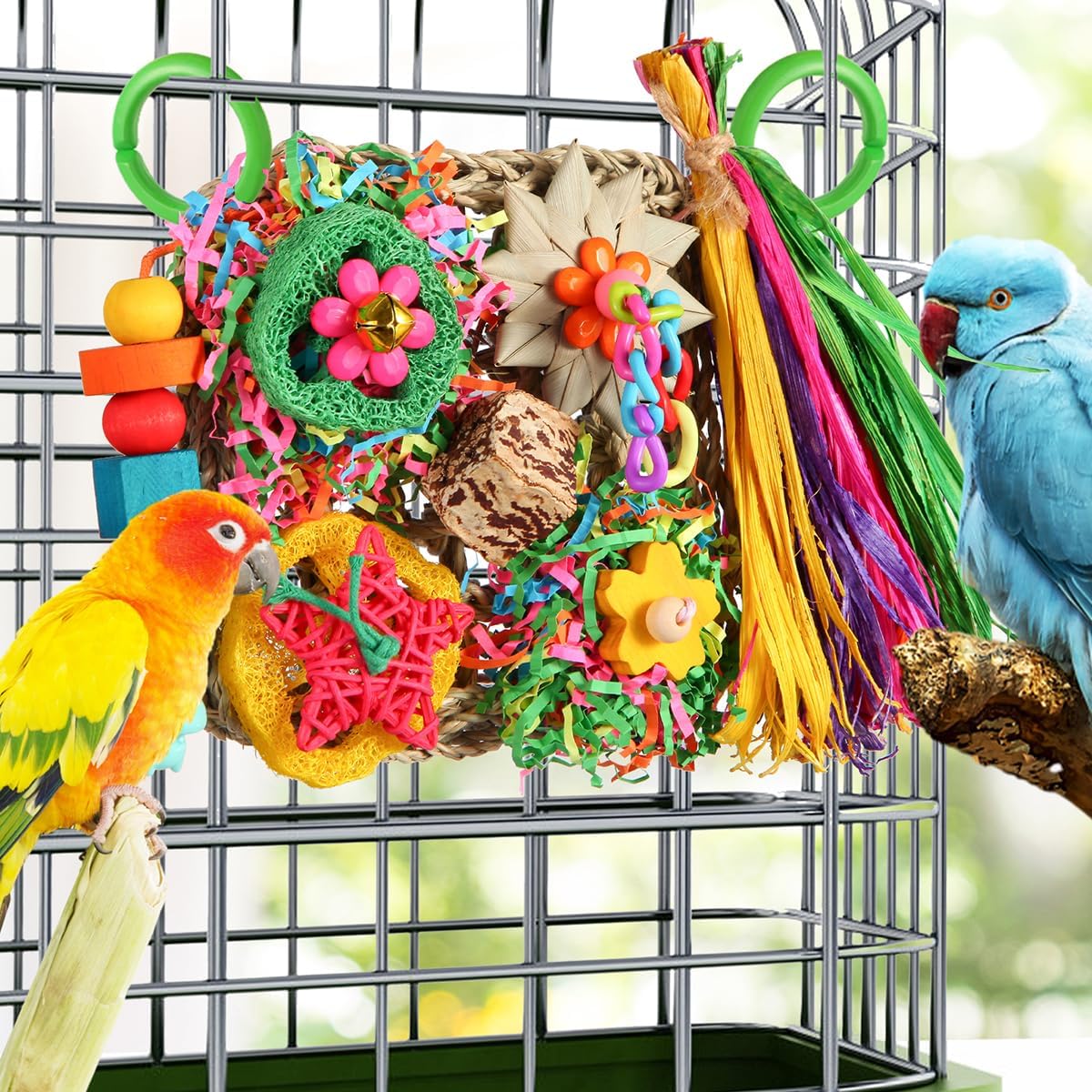 Close up of YIXUND budgie shredder toy displaying non toxic paper and corn husk textures.