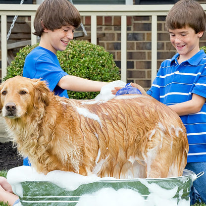 Lilpep dog massage scrubber brush being held by hand grip