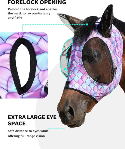 Close up of forelock opening on horse fly mask