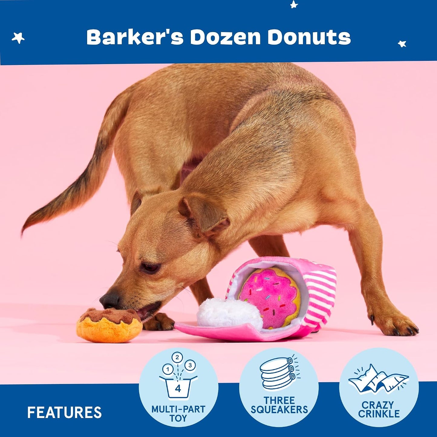 Three squeaky donut toys from Barkbox set