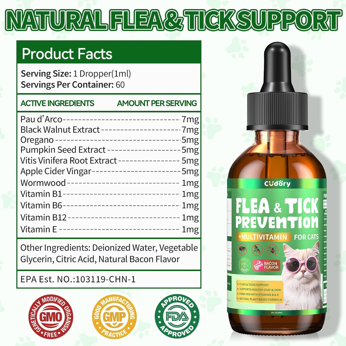 Flea & Tick Support for Cats - Natural Herbal Drops with Multivitamin - Fleas and Ticks Comfort Formula for Cat All Breeds & Ages - Bacon Flavor - Image 9