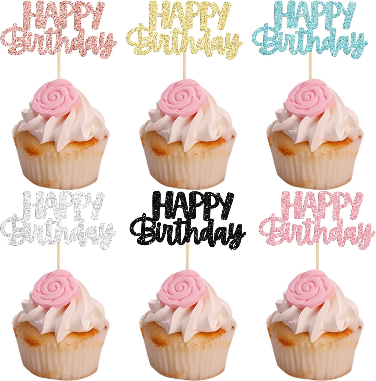 Gyufise glitter happy birthday cupcake toppers set