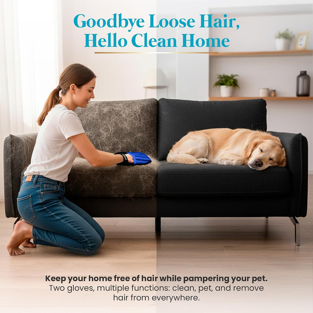 Electrostatic pet hair remover mitt cleaning fur off couch upholstery