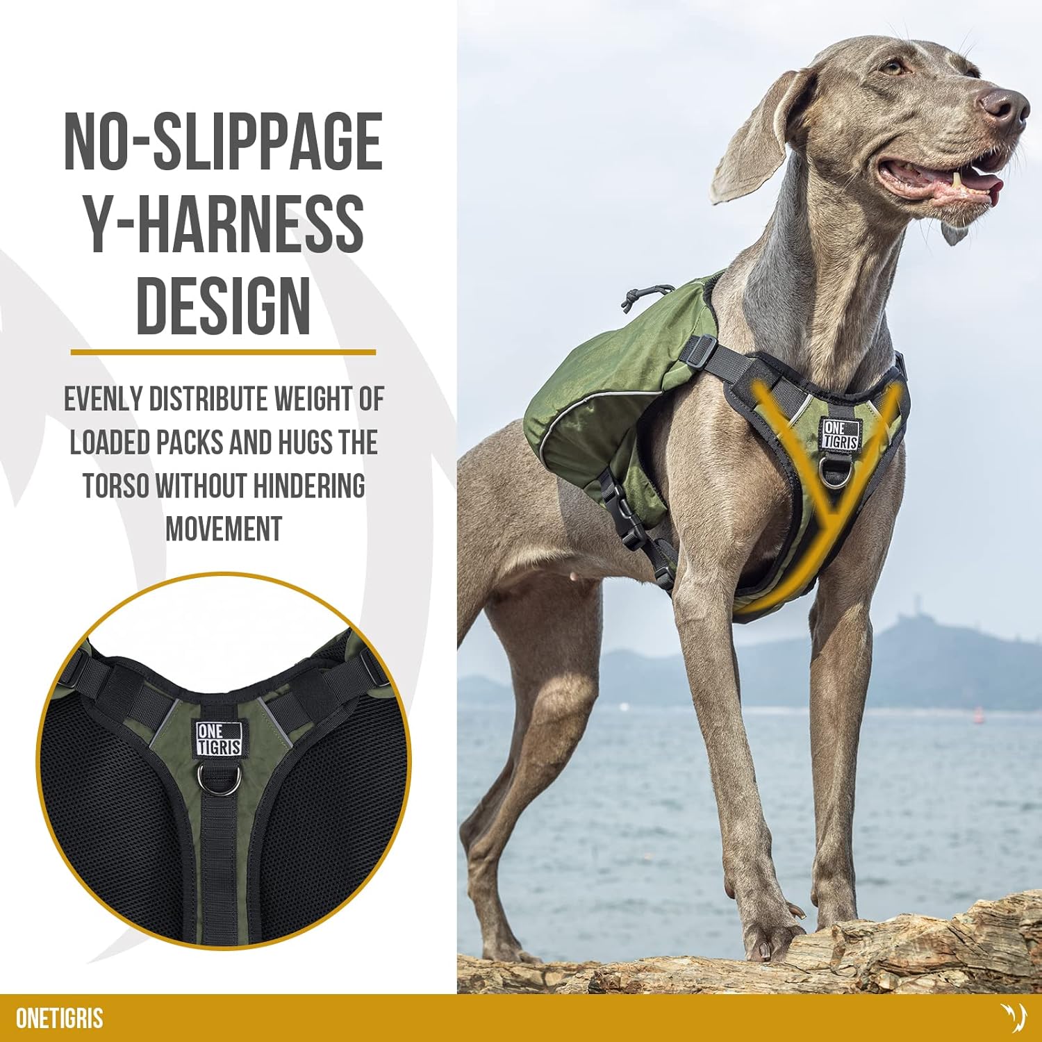 Side profile view of the medium tactical dog hiking harness showcasing the zippered storage pocket.