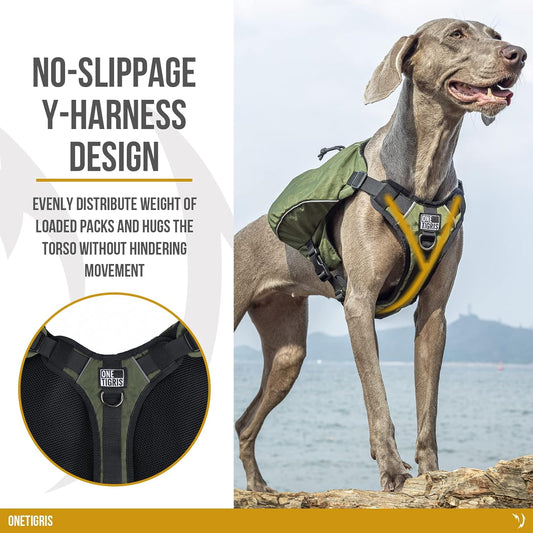 Side profile view of the medium tactical dog hiking harness showcasing the zippered storage pocket.