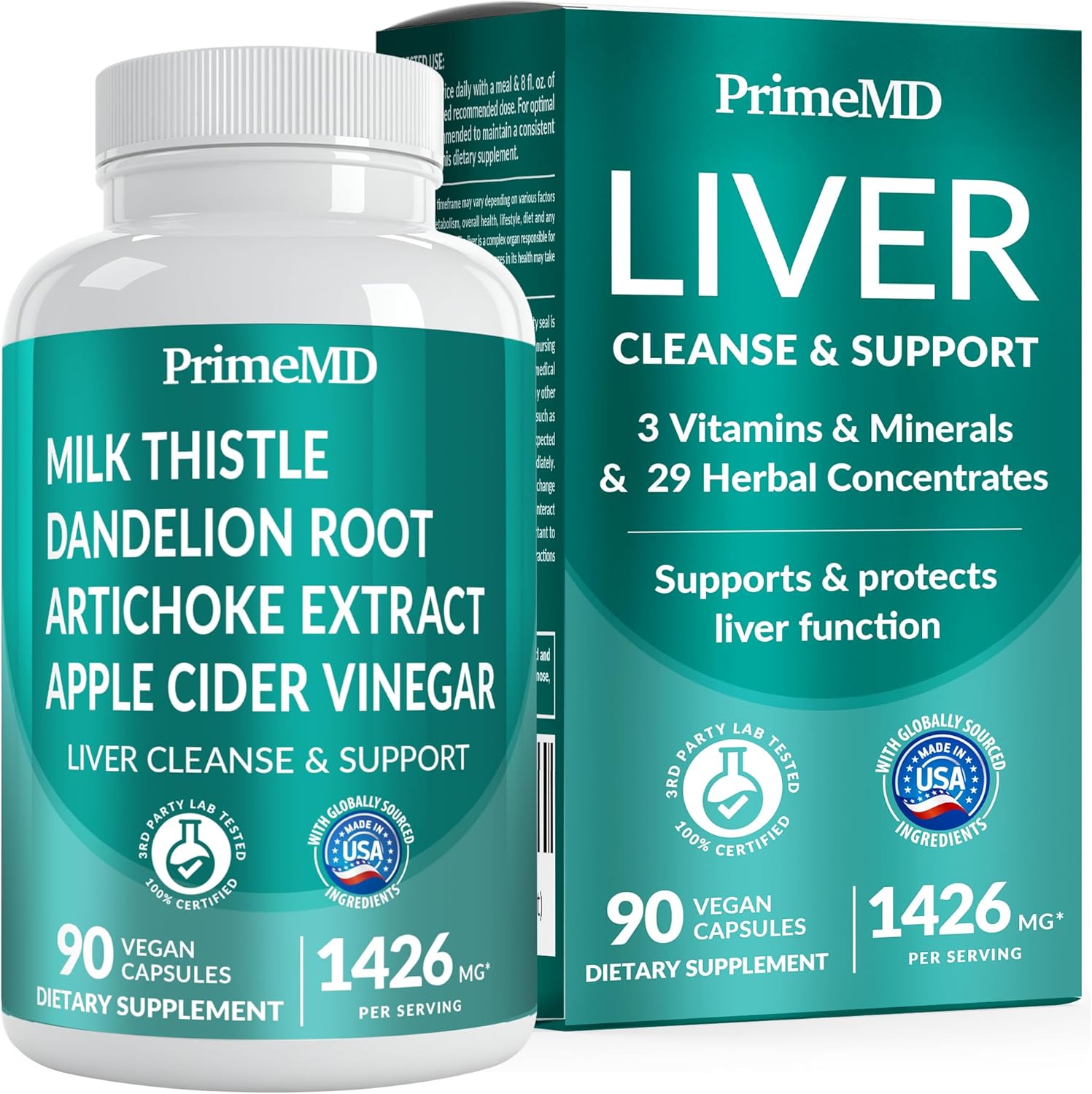 PrimeMD 32-in-1 Liver Support Supplement front view bottle of ninety capsules showcasing its premium label design
