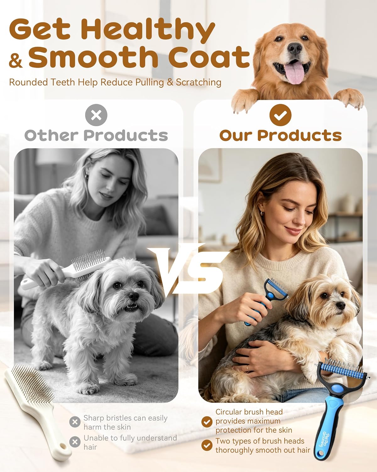 Side profile of blue Pet Pro deshedding and dematting brush