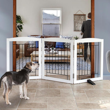 ZJSF Freestanding Wooden Dog Gate front view of white three panel indoor pet fence