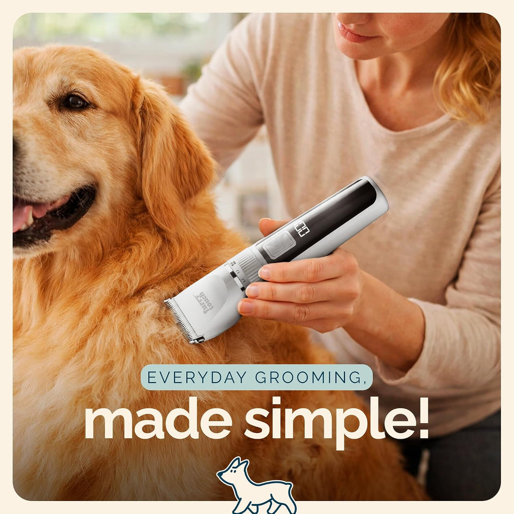 Furry Touch quiet pet hair clippers with digital battery display and ceramic blades for cats and dogs.