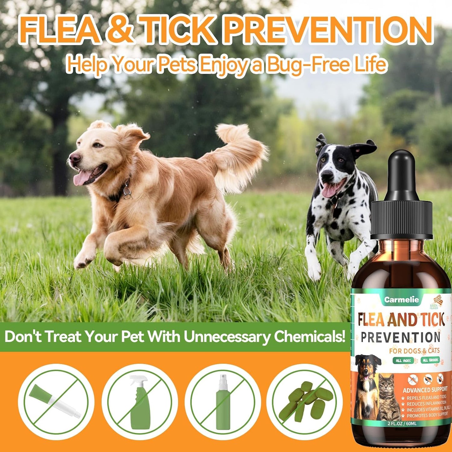 Carmelie daily oral pet defense drops mixed in dog food bowl