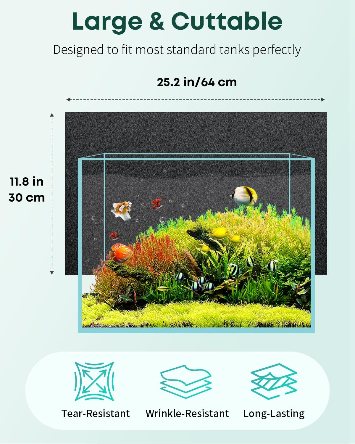 Pawfly fish tank background installed on a clean glass aquarium showcasing vivid color contrast.