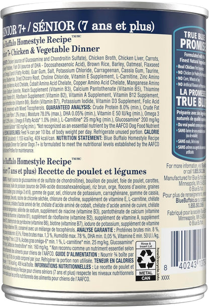 Blue Buffalo 12.5 ounce senior wet dog food can highlighting real chicken as the first ingredient for aging dogs