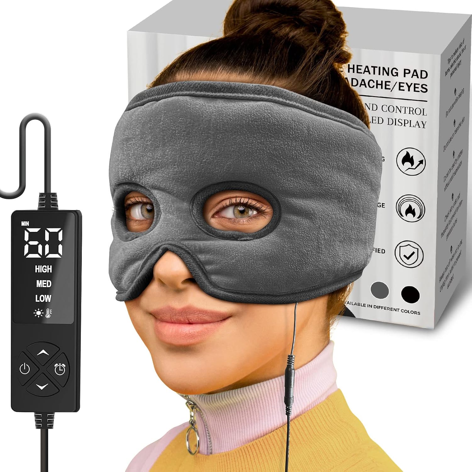 Sticro sinus relief mask electric face heating pad in gray showing the front view.