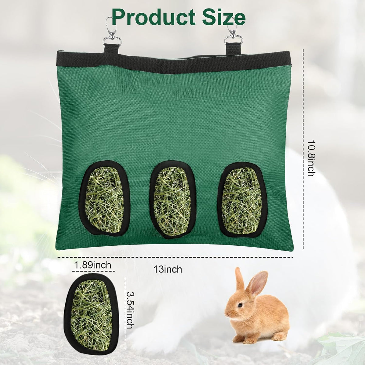 2 Pcs Rabbit Hay Feeder,Guinea Pig Hay Feeder,13x10.8 Inch Guinea Pig Bag,Small Animal Feeding Bag for Rabbits, Hamsters, Hedgehogs(3 Holes,Green) - Image 2