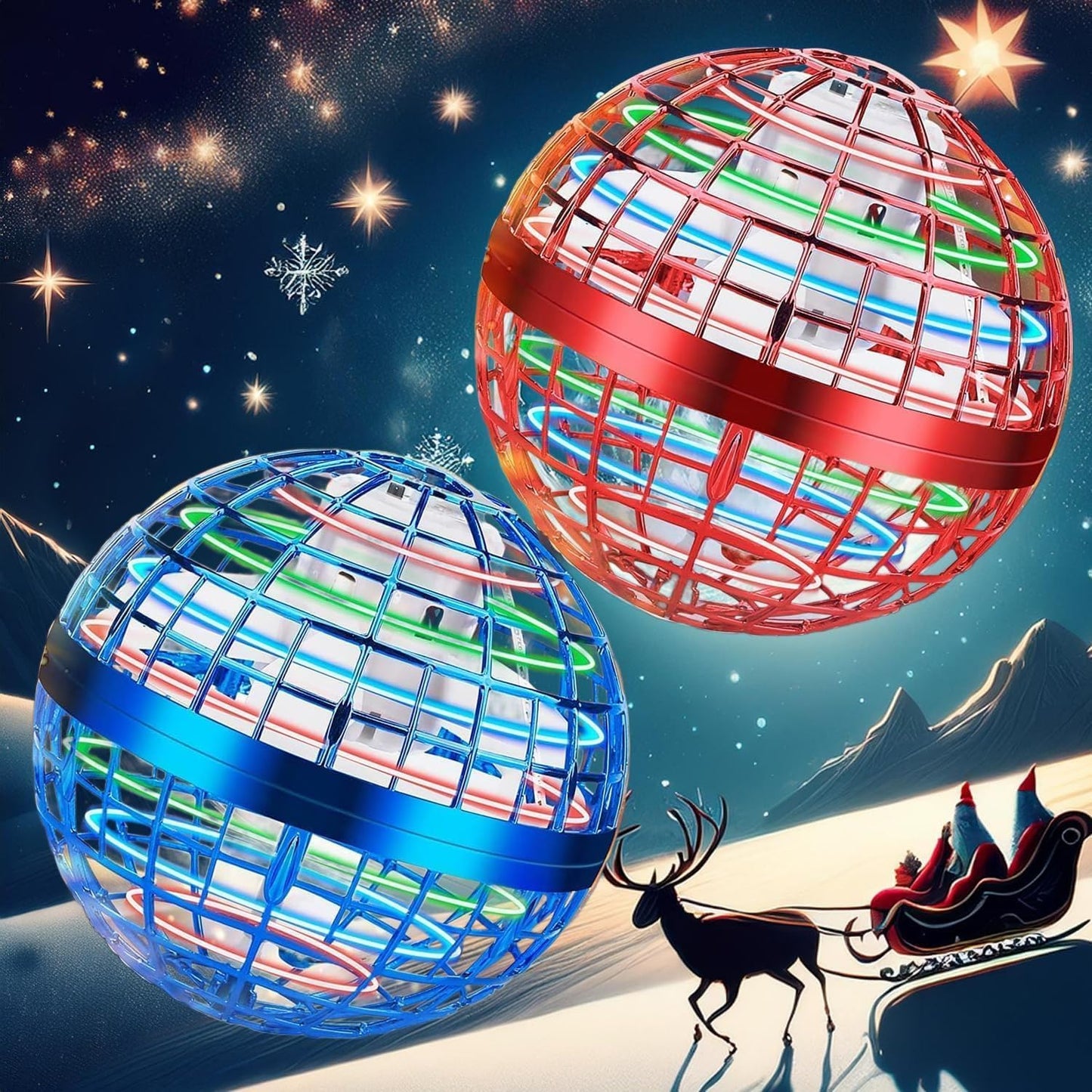 ZJNDJL flying orb ball toy front view showcasing blue and red design with vibrant LED lights.