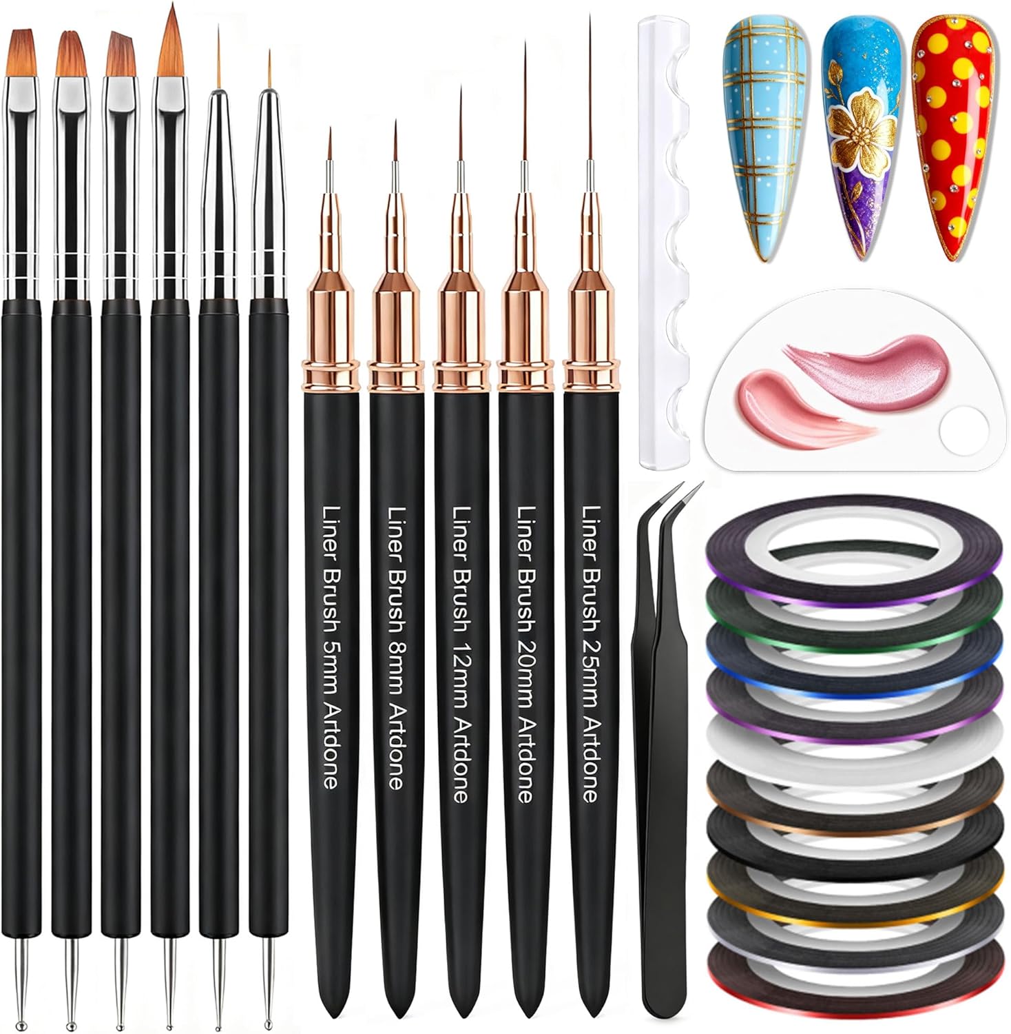 Artdone nail striping tape lines kit front view displaying the complete collection of thirty-eight pieces