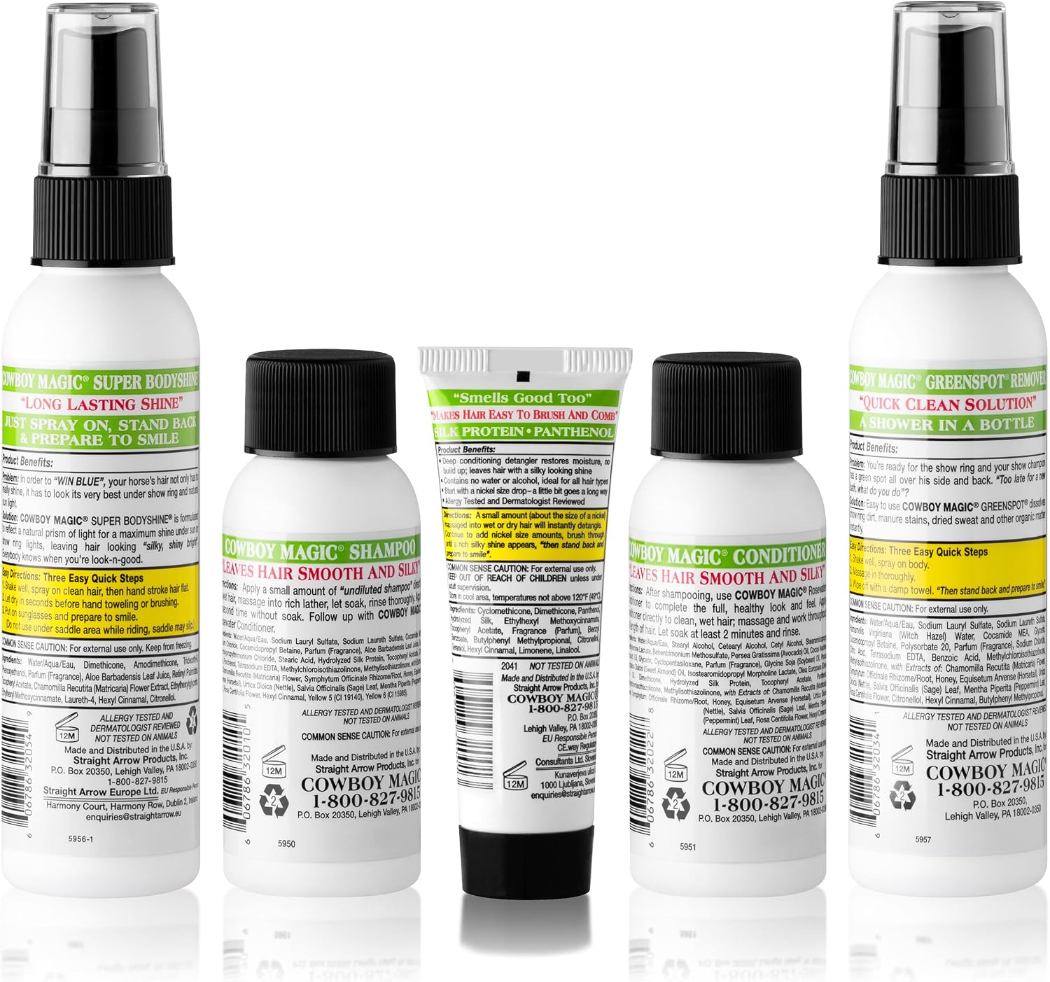 Cowboy Magic Sample Kit - Includes Rosewater Shampoo (2 oz), Rosewater Conditioner (2 oz), Super Bodyshine (3.4 oz), Greenspot Remover (3.4 oz), & Detangler & Shine (1 oz) - Perfect for Travel & Tack - Image 2