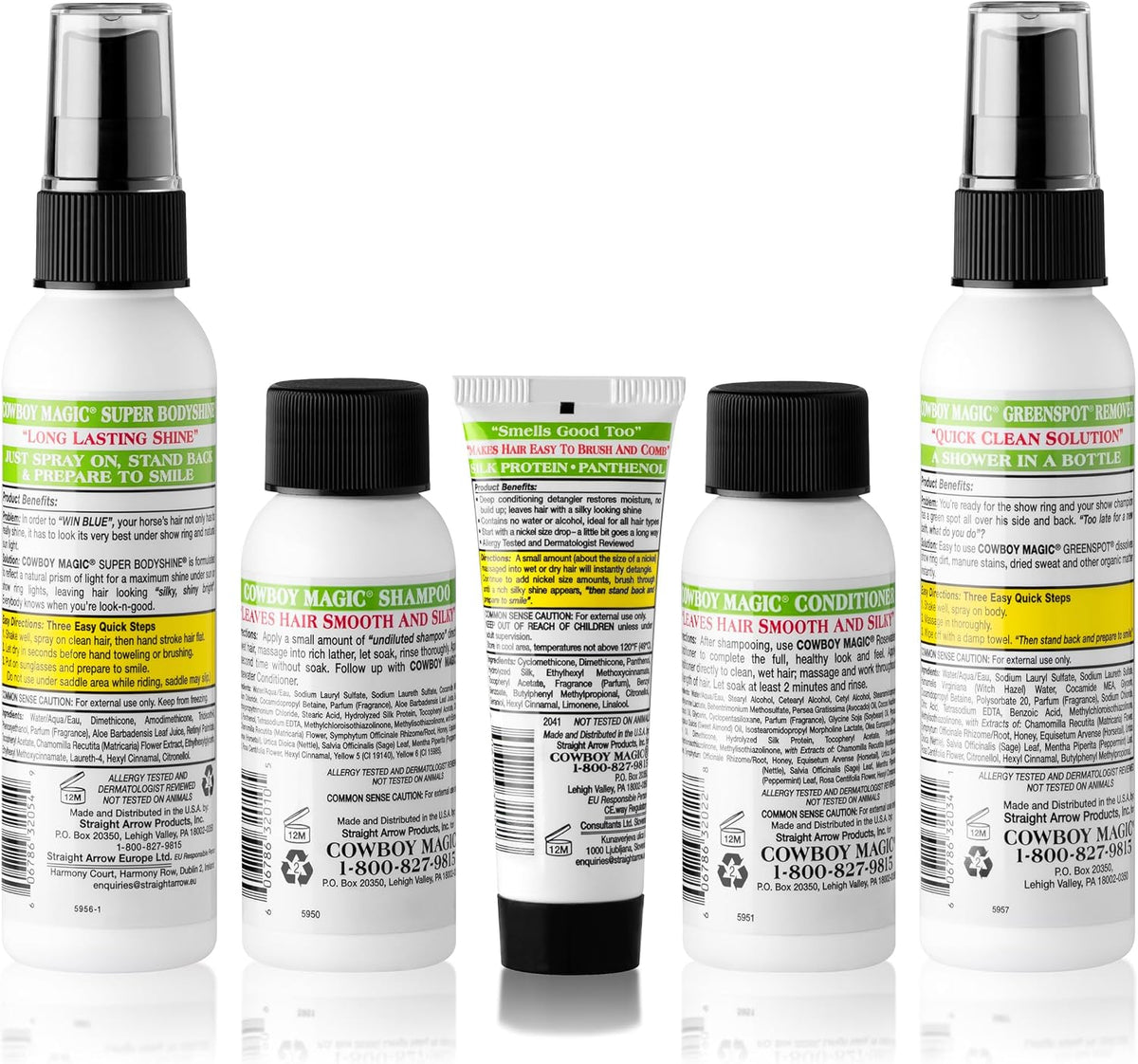 Cowboy Magic Sample Kit - Includes Rosewater Shampoo (2 oz), Rosewater Conditioner (2 oz), Super Bodyshine (3.4 oz), Greenspot Remover (3.4 oz), & Detangler & Shine (1 oz) - Perfect for Travel & Tack - Image 2