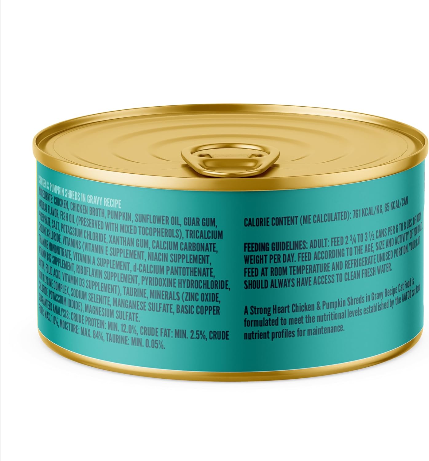 Back of Strong Heart cat food can showing ingredient list