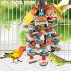 Macaw interacting with natural materials on bird foraging toy