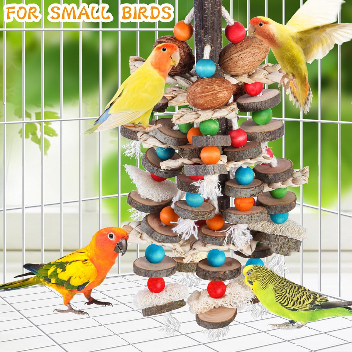 Macaw interacting with natural materials on bird foraging toy