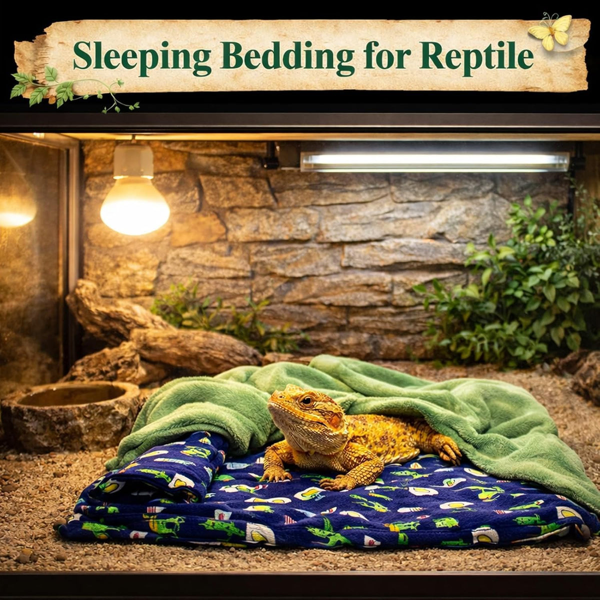 Mechpia soft fabric warm sleeping pillow and blue cactus print blanket for lizards.
