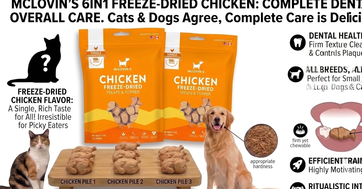 Dog and cat eating McLovin's grain free chicken treats