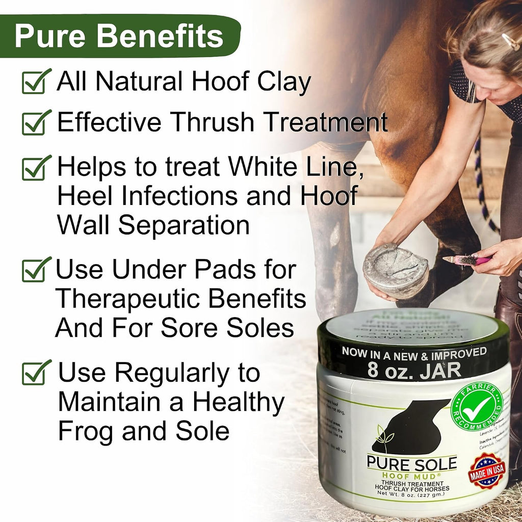 Pure Sole Hoof Mud eight ounce jar containing natural bentonite clay for packing horse frogs.