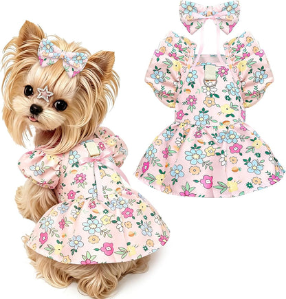 ABRRLO Cute Floral Small Dog Cat Harness Dress Outfits with Bow & Leash D-Ring,Soft Breathable Summer Ruffle Puppy Clothes Girl,3-Way Styling Female Dog Clothes for Chihuahua Yorkie Maltese(Coral,XS) - Image 10