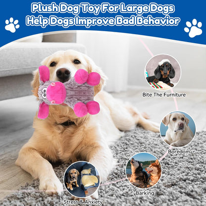 Side angle of the premium USA imported Loncoldy large dog plush toy with pink ears.