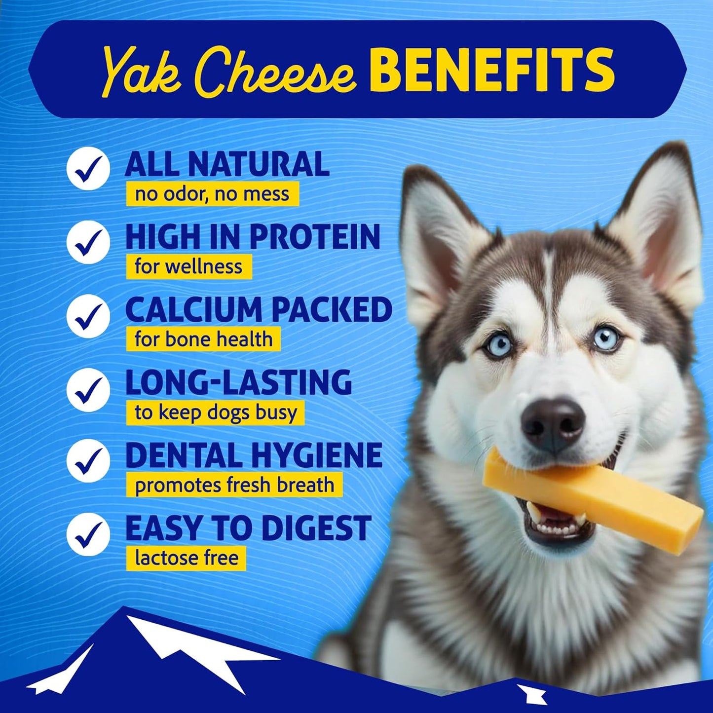 Himalayan Dog Chew Original Yak Cheese packaging highlighting lactose free and gluten free natural dog treats