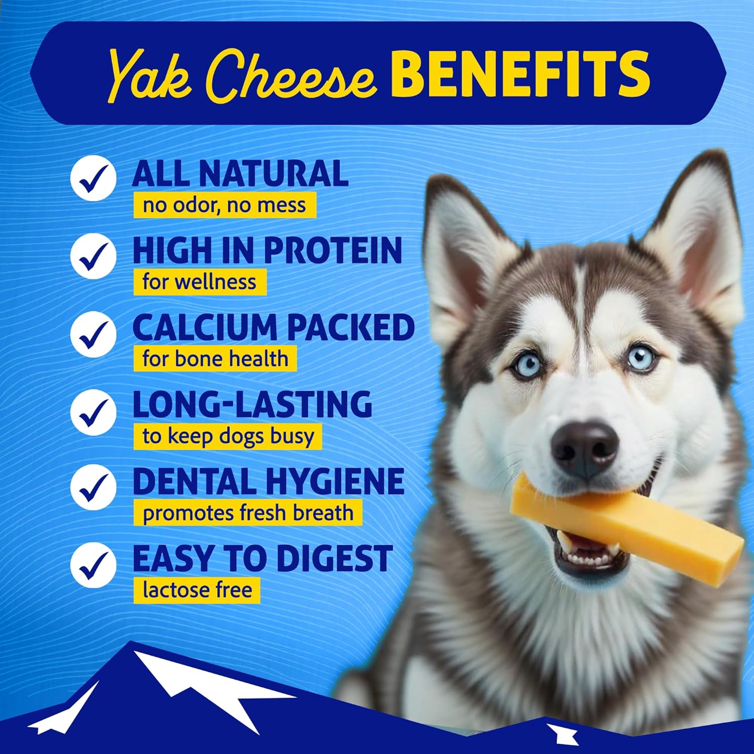 Himalayan Dog Chew Original Yak Cheese packaging highlighting lactose free and gluten free natural dog treats