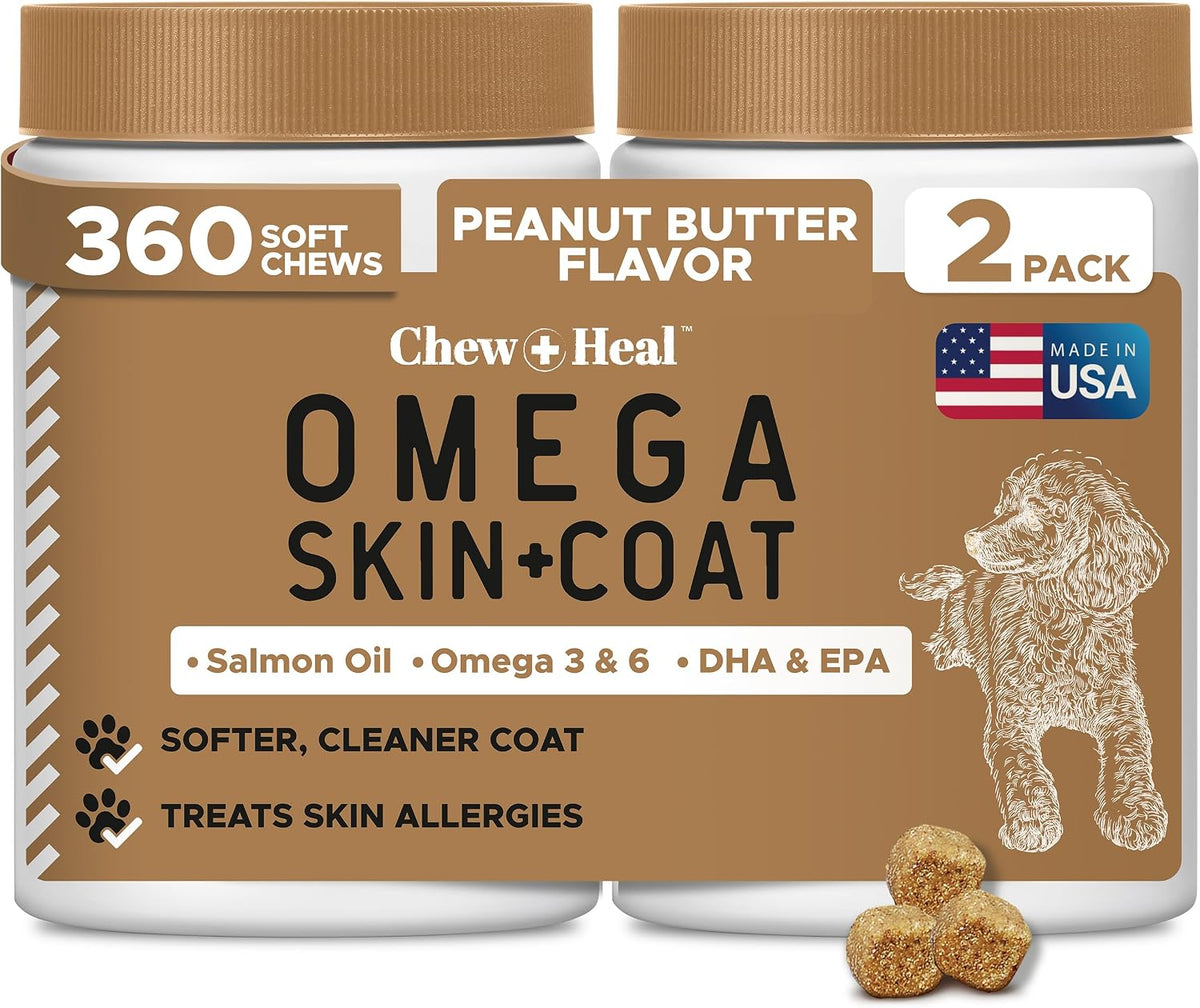 Omega 3 Fish Oil for Dogs - 180 Soft Chews for Itch Relief, Shedding & Hot Spots - Skin and Coat Supplement - Salmon Oil, EPA & DHA - Allergy Chews - Made in USA - Chew + Heal - Image 9