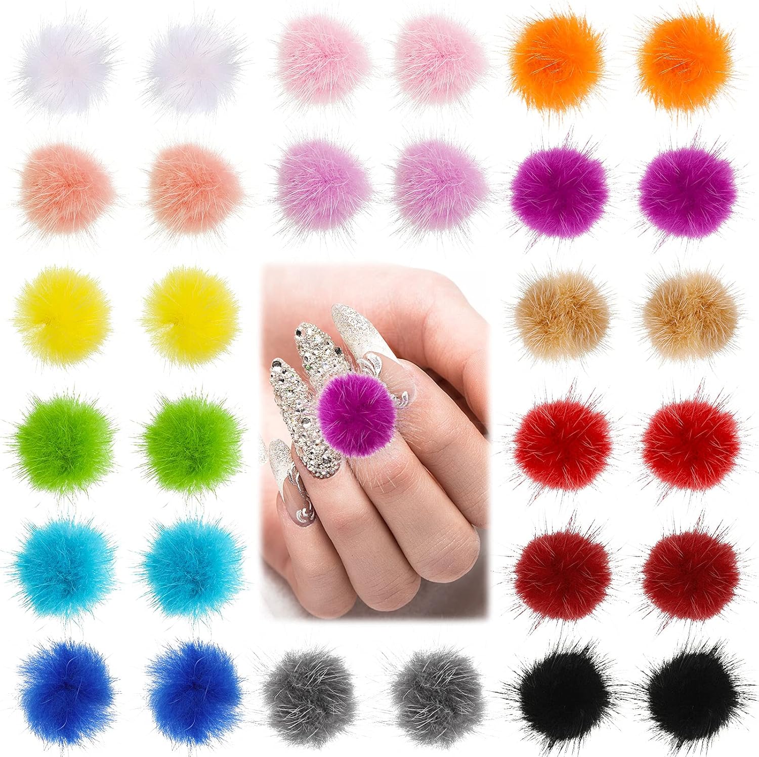 Zhehao 30 Pieces Fluffy 3D Detachable Nail Pom Balls front packaging view showcasing various vibrant plush charm colors.