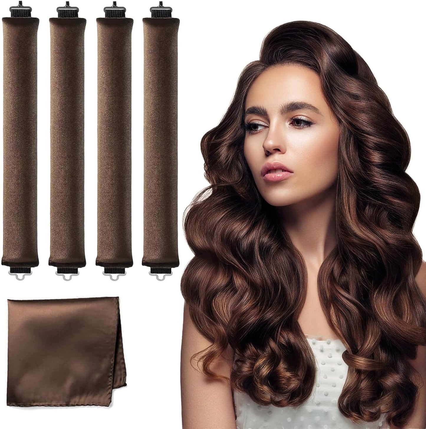 HAIOLORPRO heatless hair curler velvet brown kit showing four rods and a satin square front view.