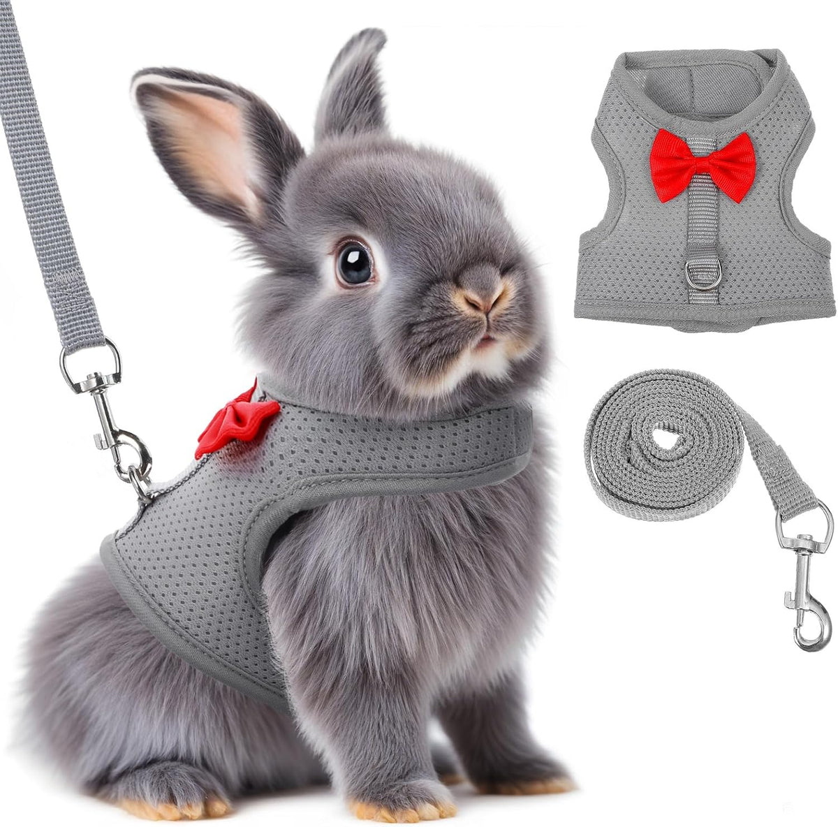 Prasacco bunny harness and leash set front view displaying grey mesh vest with red bow tie detail