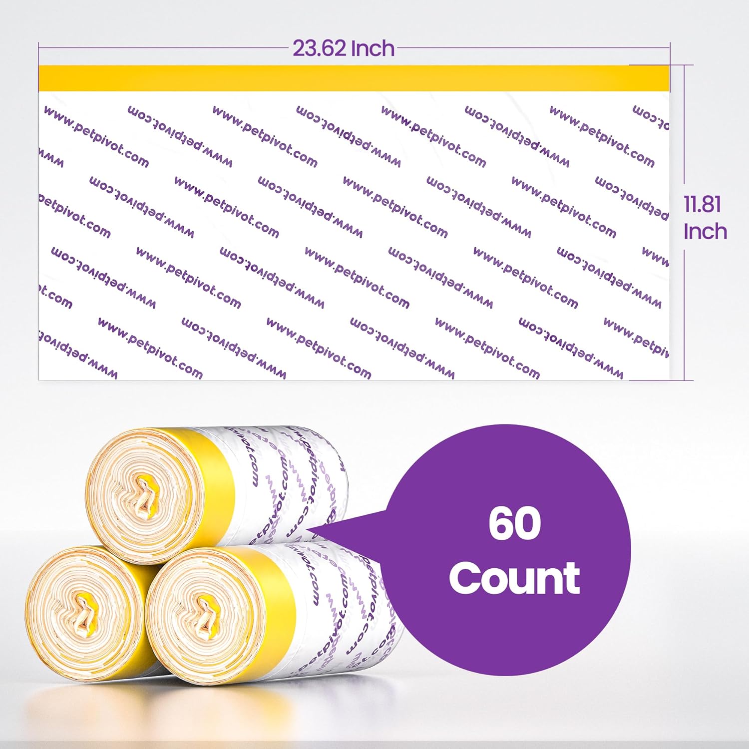Close up of PetPivot AutoScooper Eleven replacement liners displaying the yellow inner core and white exterior.