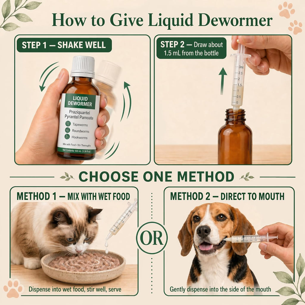 Easy-dose liquid wormer with clear syringe for accurate feline and canine measurement