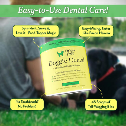 Close up of the included measuring scoop with the premium bacon flavored dog oral powder