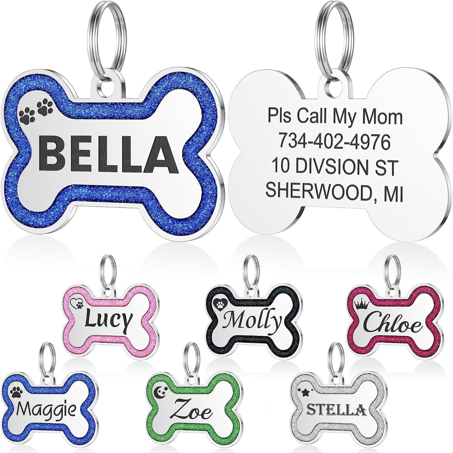 Stylish pink glitter custom engraved bone name tag for pet collars close up view.