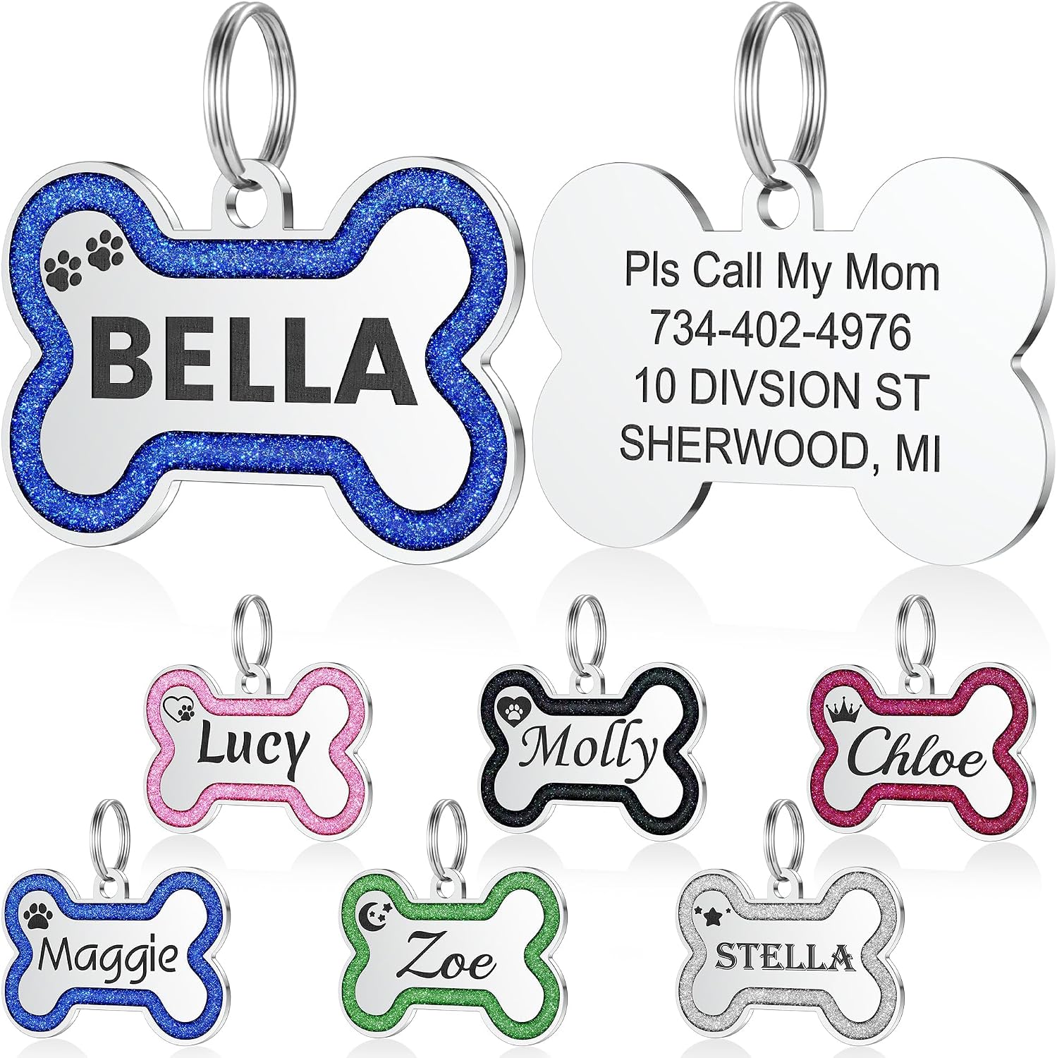 Stylish pink glitter custom engraved bone name tag for pet collars close up view.