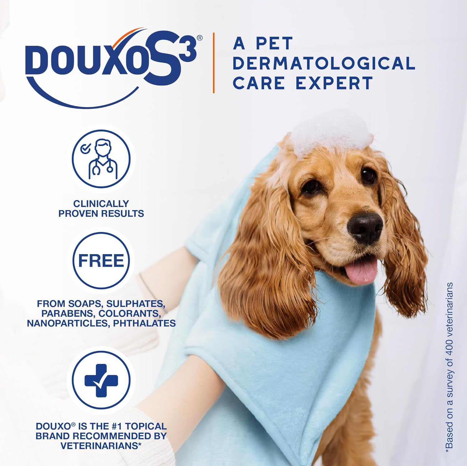 Douxo S3 Pyo shampoo packaging showing pet suitability icons