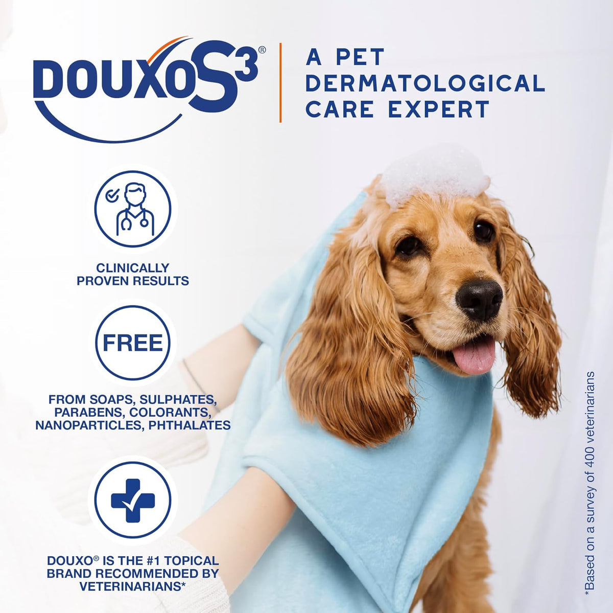 Douxo S3 Pyo shampoo packaging showing pet suitability icons