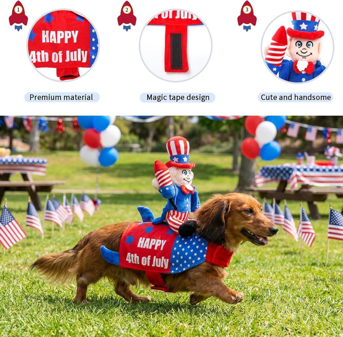 Detailed close-up of the adjustable magic tape straps on the patriotic dog costume